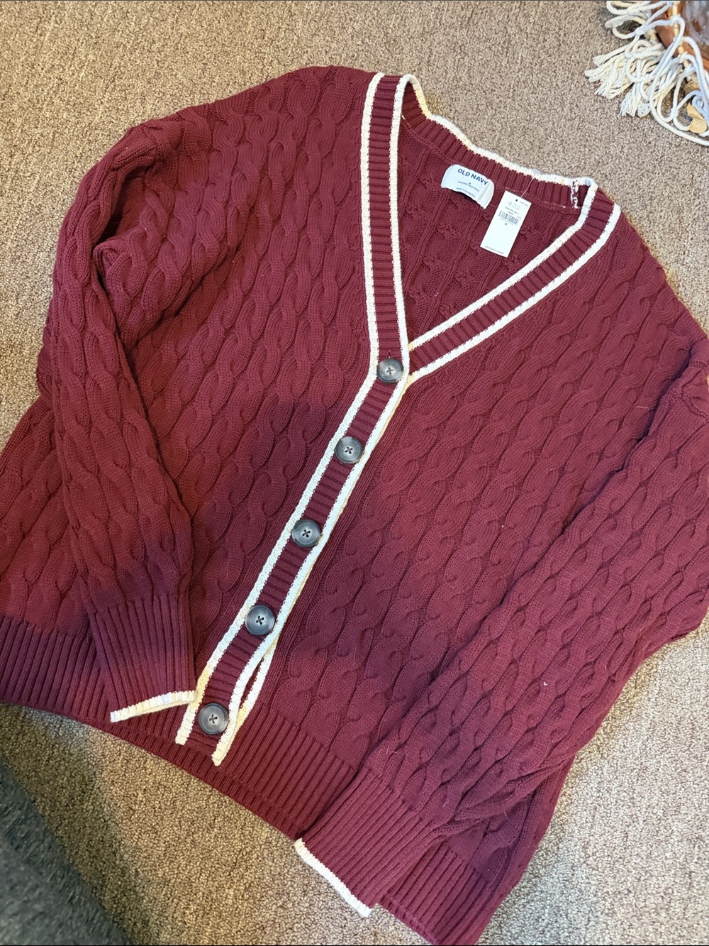 Old Navy Women's Wine Cable-Knit Button-Front Cardigan with Cream Trim